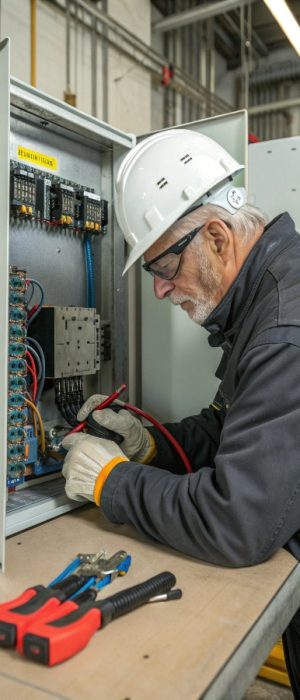 senior adult electrician builder engineer testing