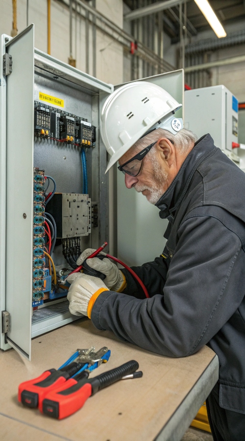 senior adult electrician builder engineer testing